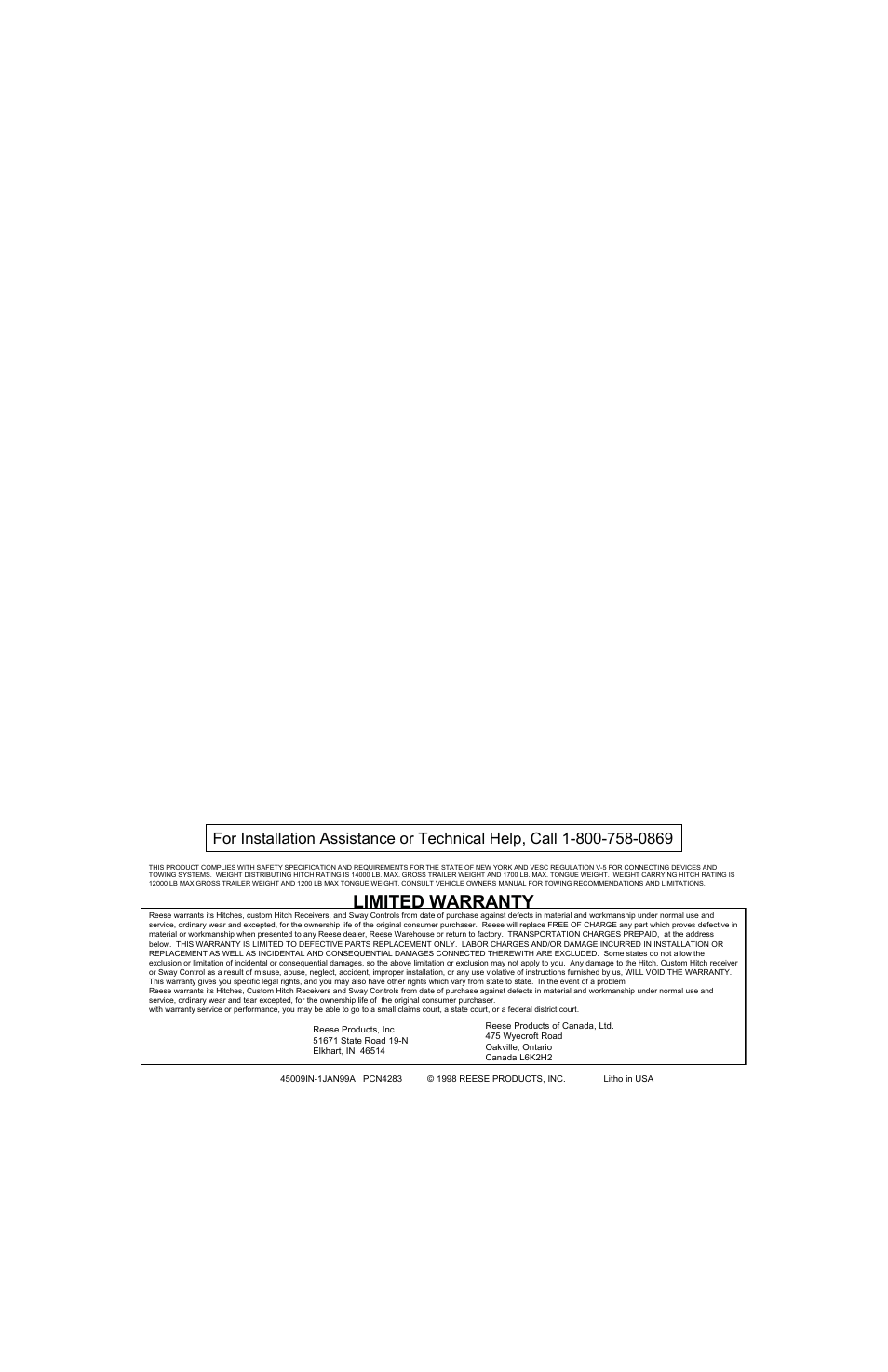 Limited warranty | Reese 45009 TITAN RECEIVER User Manual | Page 2 / 2