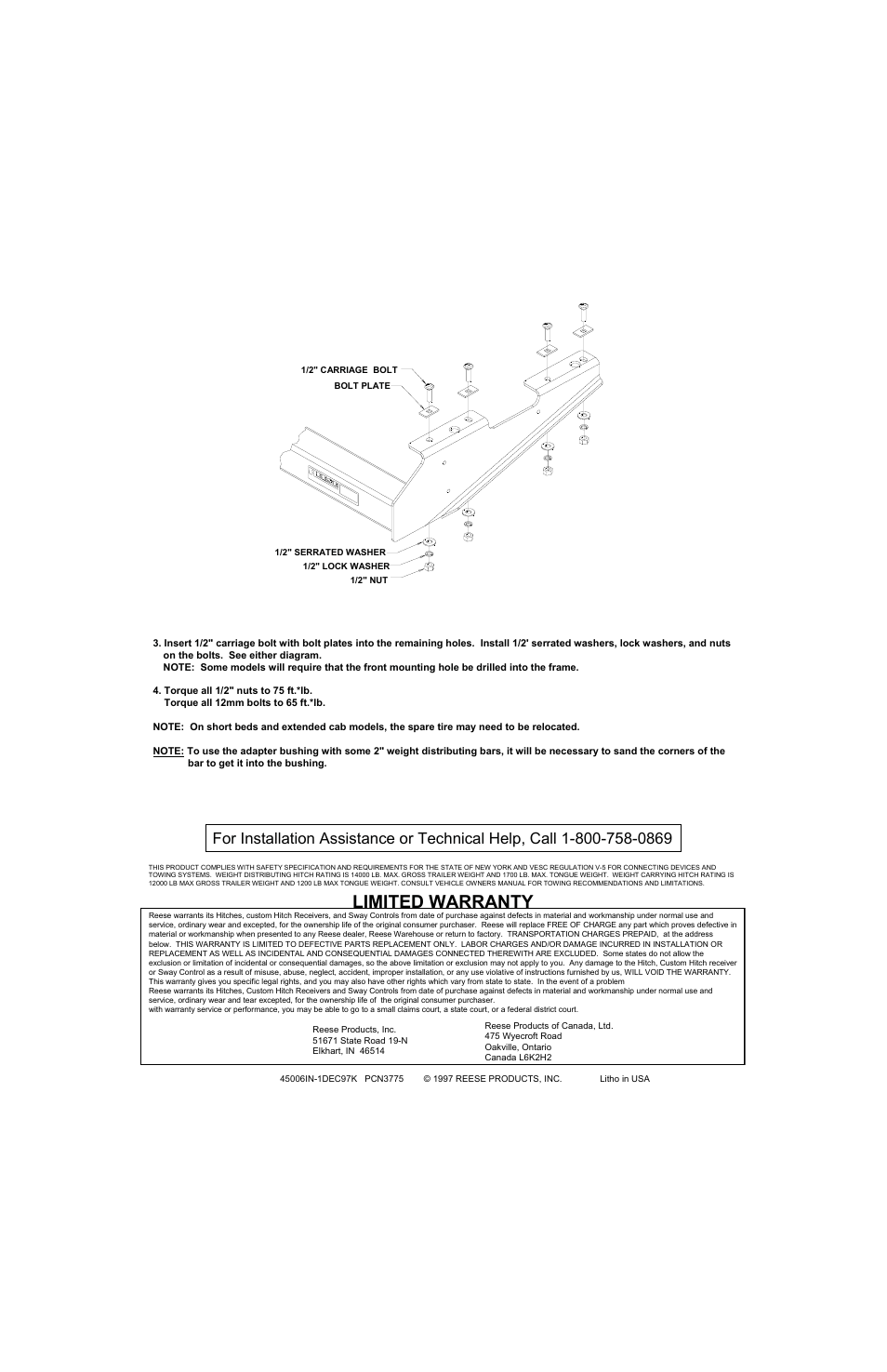 Limited warranty | Reese 45006 TITAN RECEIVER User Manual | Page 2 / 2