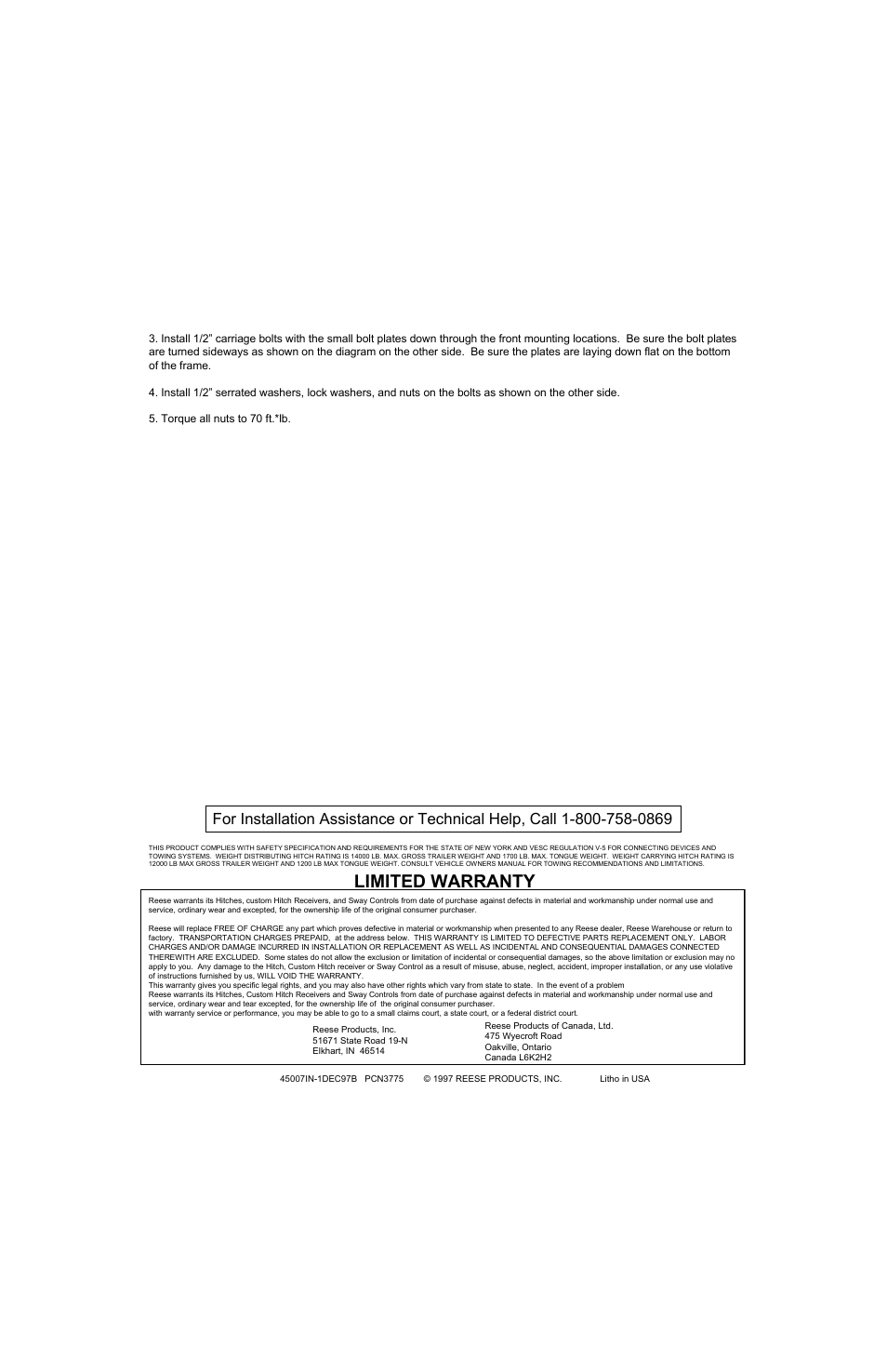 Limited warranty | Reese 45007 TITAN RECEIVER User Manual | Page 2 / 2