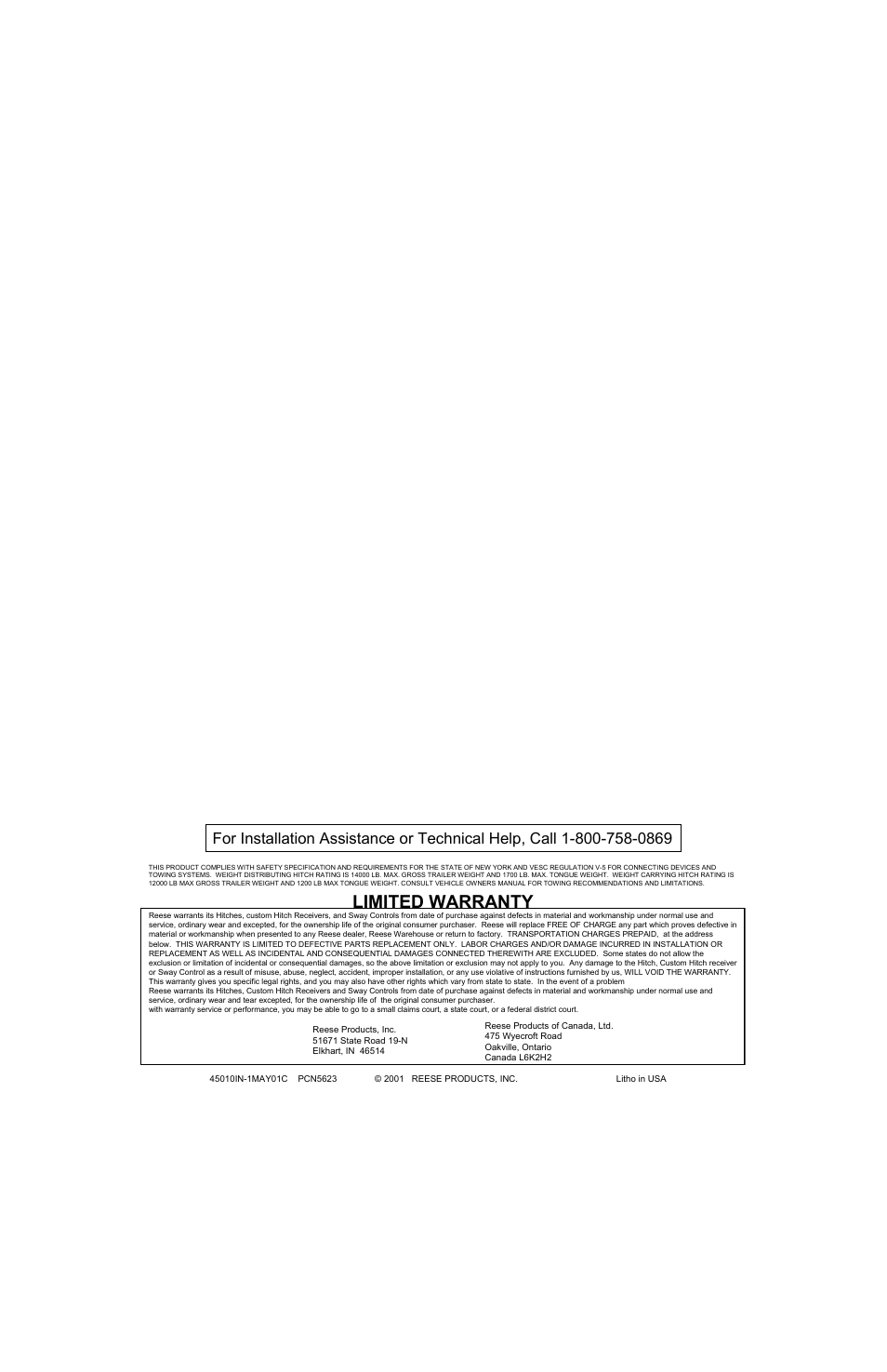 Limited warranty | Reese 45010 TITAN RECEIVER User Manual | Page 2 / 2