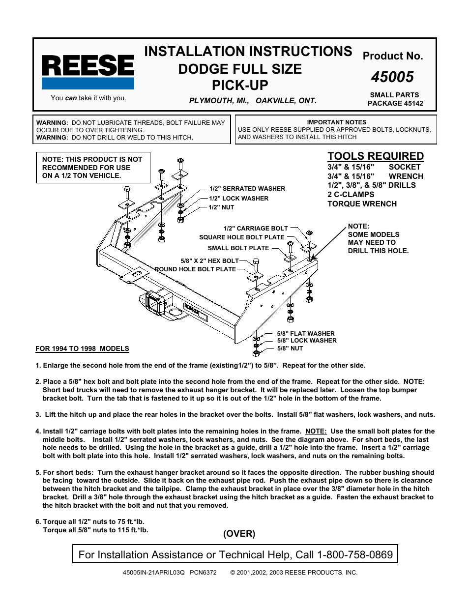 Reese 45005 TITAN RECEIVER User Manual | 2 pages