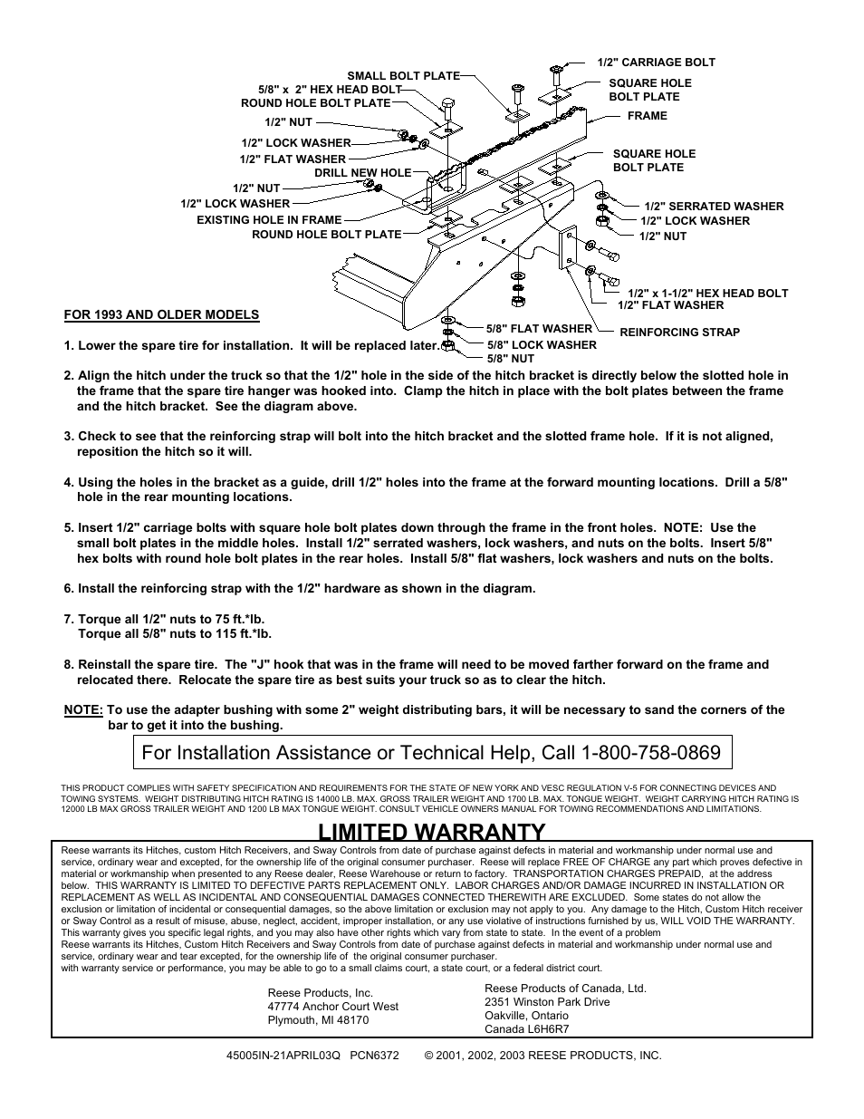 Limited warranty | Reese 45005 TITAN RECEIVER User Manual | Page 2 / 2