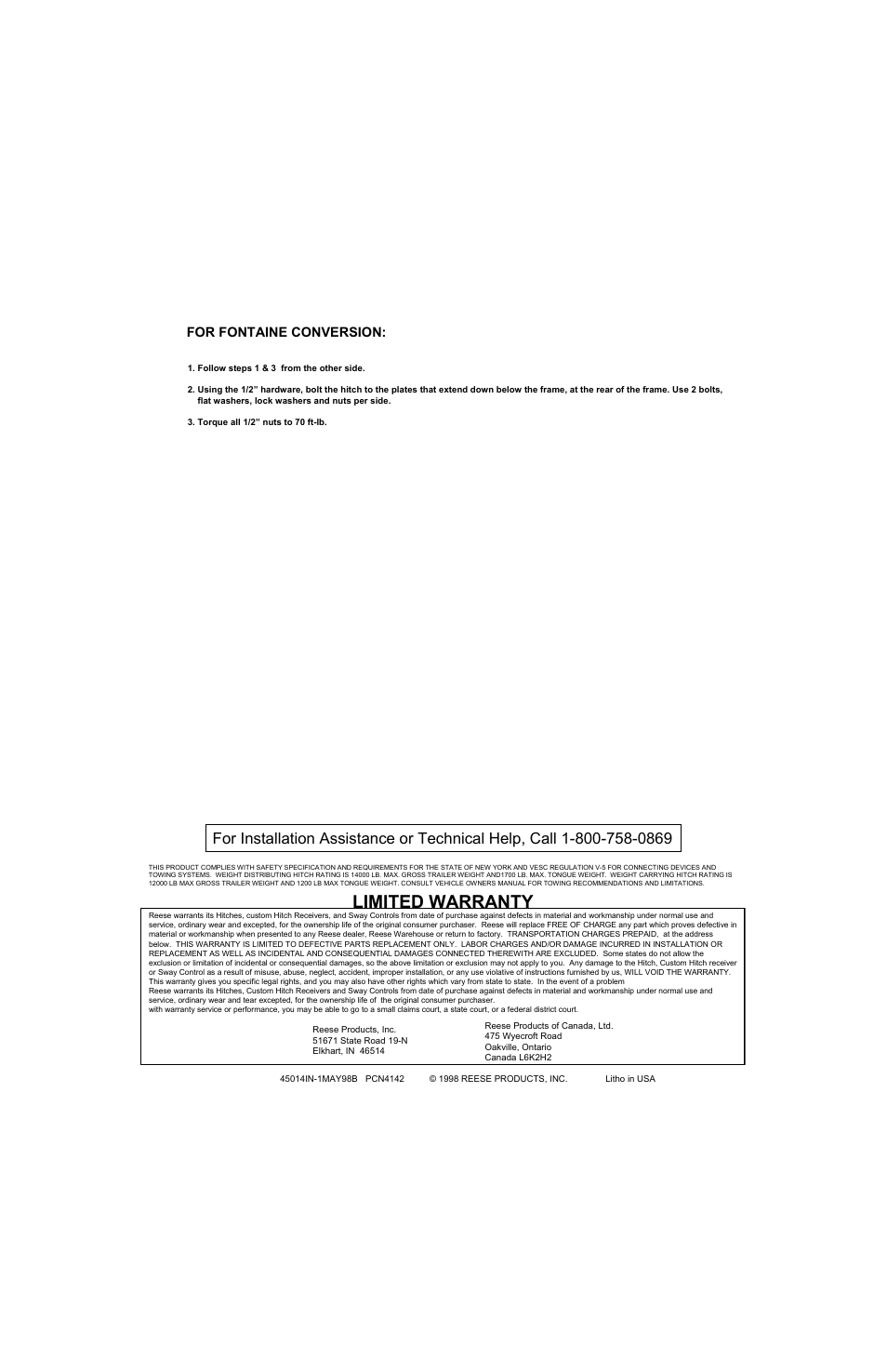 Limited warranty, For fontaine conversion | Reese 45014 TITAN RECEIVER User Manual | Page 2 / 2