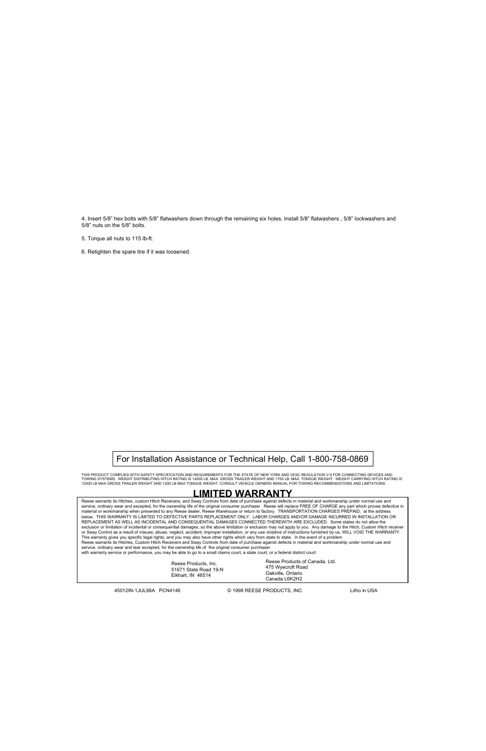 Limited warranty | Reese 45012 TITAN RECEIVER User Manual | Page 2 / 2