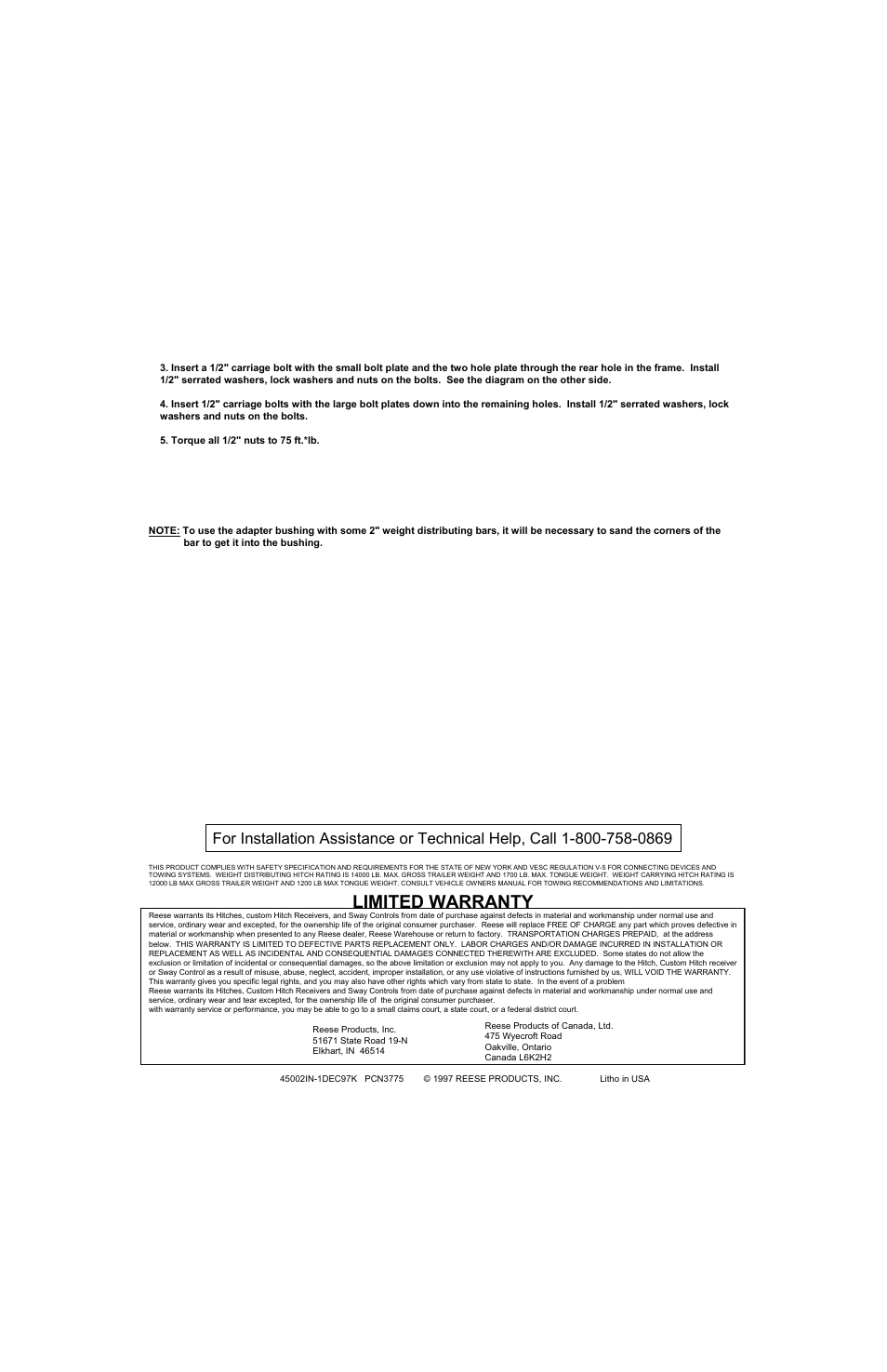 Limited warranty | Reese 45002 TITAN RECEIVER User Manual | Page 2 / 2