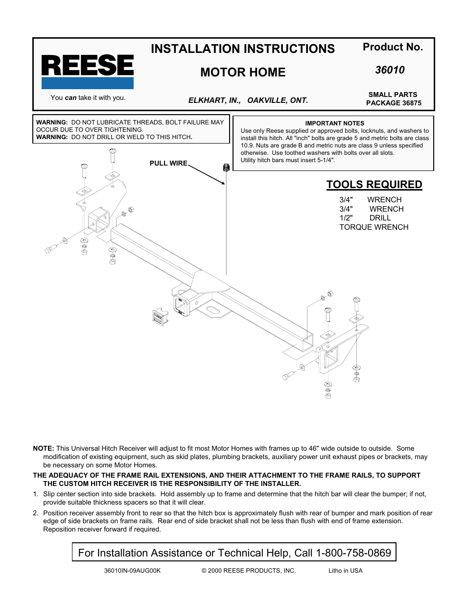 Reese 36010 MULTI-FIT MOTORHOME HITCH User Manual | 2 pages