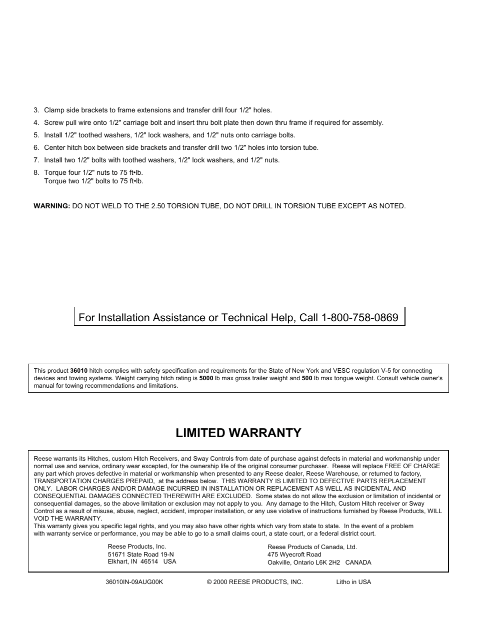 Limited warranty | Reese 36010 MULTI-FIT MOTORHOME HITCH User Manual | Page 2 / 2