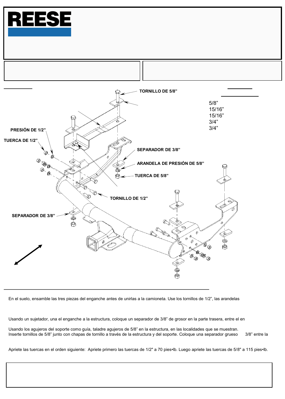 Instrucciones de instalación, Enganche multicompatible para camionetas, Producto no | Equipo necesario | Reese 37034 MULTI-FIT RECEIVER User Manual | Page 17 / 28