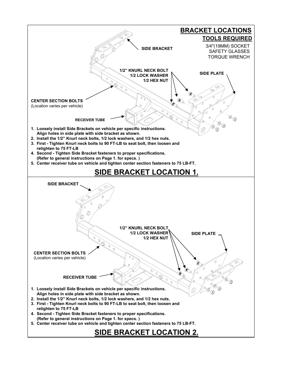 Side bracket location 1, Side bracket location 2, Bracket locations | Reese 37152 MULTI-FIT RECEIVER User Manual | Page 2 / 66