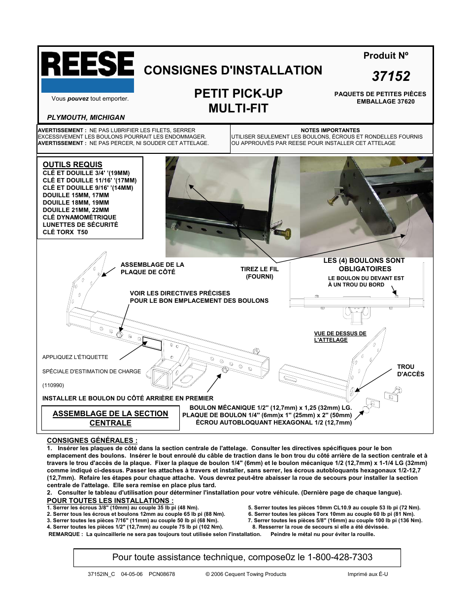 Consignes d'installation, Petit pick-up multi-fit, Produit nº | Reese 37152 MULTI-FIT RECEIVER User Manual | Page 23 / 66