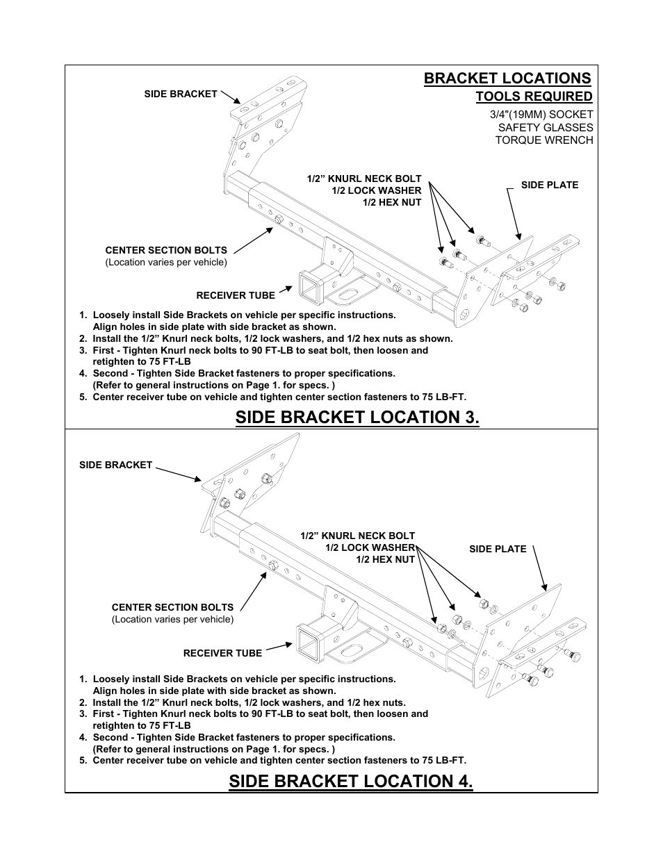 Side bracket location 4. side bracket location 3, Bracket locations | Reese 37152 MULTI-FIT RECEIVER User Manual | Page 3 / 66
