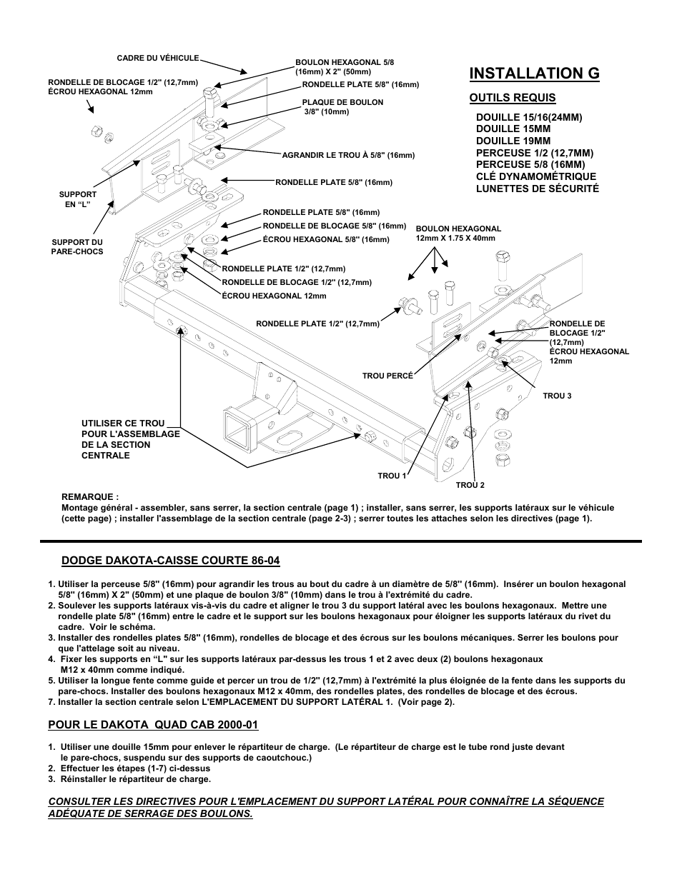 Installation g, Dodge dakota-caisse courte 86-04, Outils requis | Reese 37152 MULTI-FIT RECEIVER User Manual | Page 31 / 66