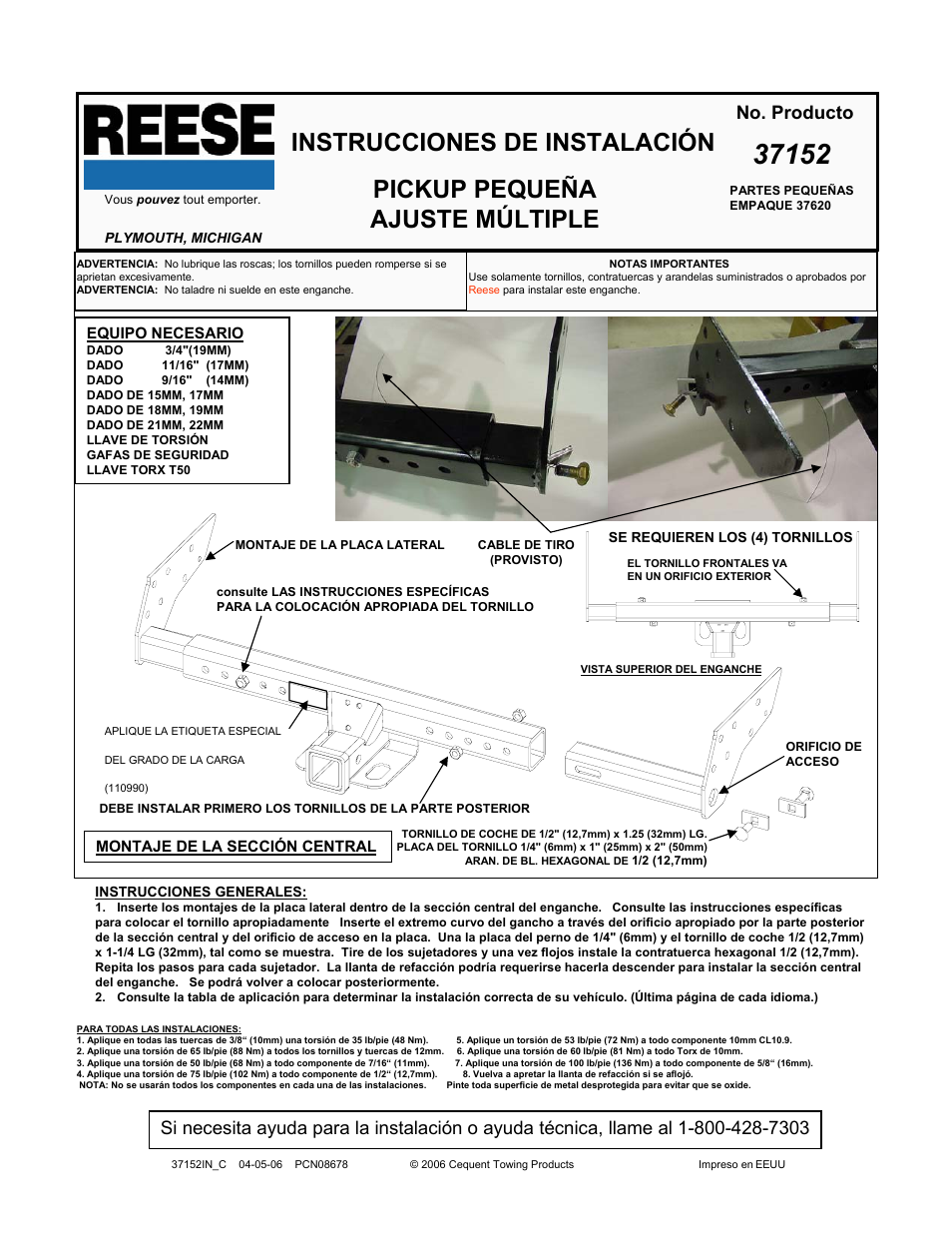 Instrucciones de instalación, Pickup pequeña ajuste múltiple, No. producto | Reese 37152 MULTI-FIT RECEIVER User Manual | Page 45 / 66