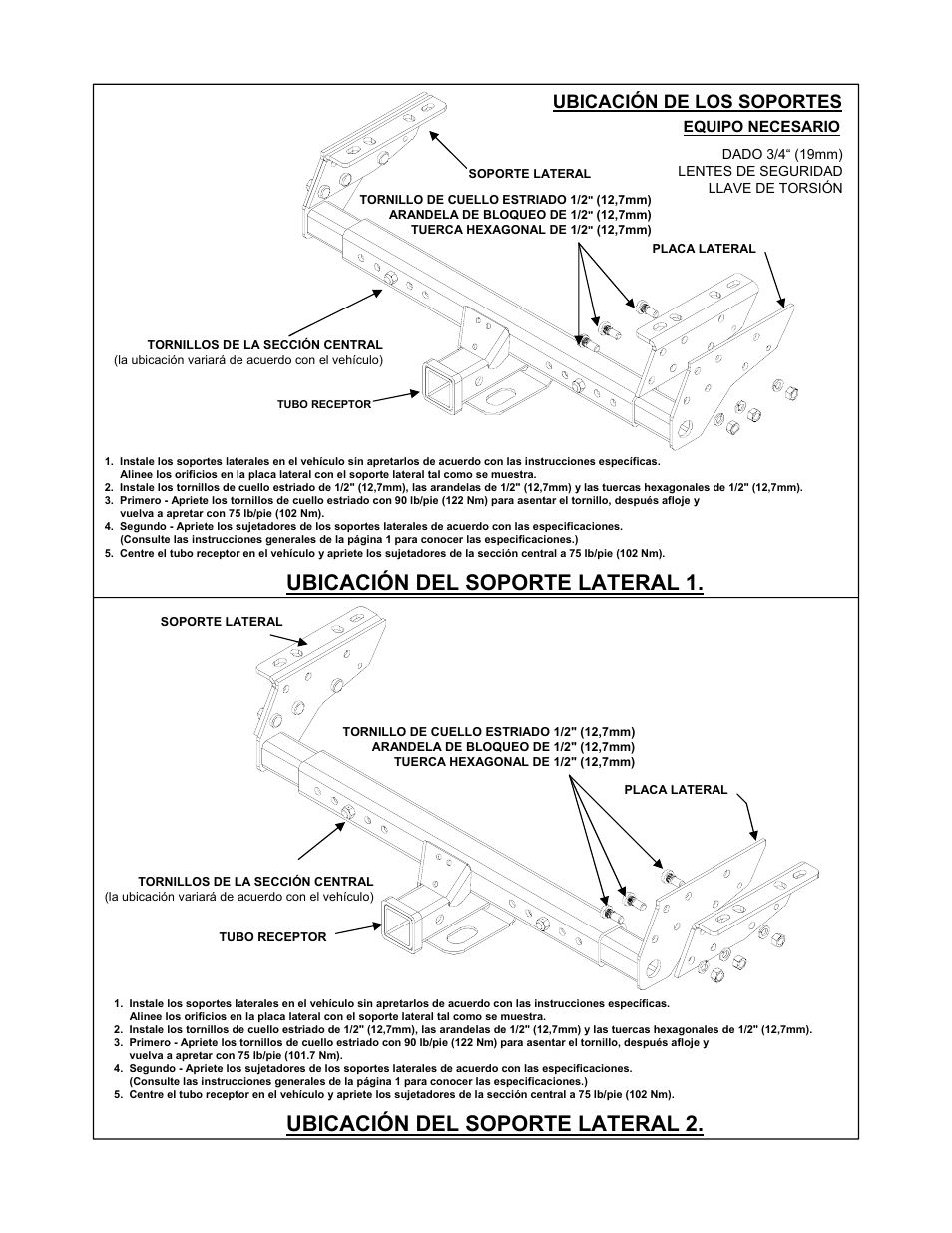 Ubicación del soporte lateral 1, Ubicación del soporte lateral 2, Ubicación de los soportes | Reese 37152 MULTI-FIT RECEIVER User Manual | Page 46 / 66