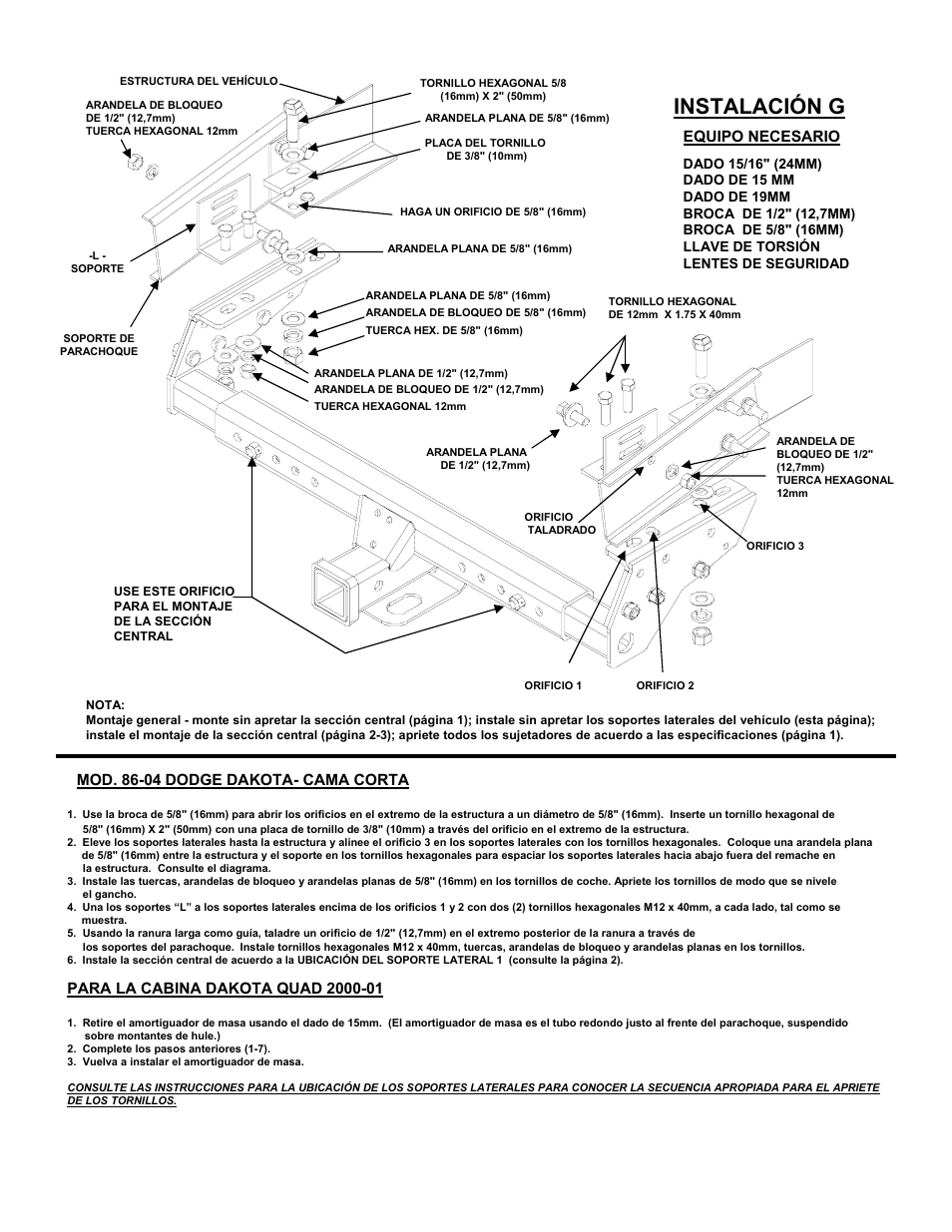 Instalación g, Mod. 86-04 dodge dakota- cama corta, Equipo necesario | Reese 37152 MULTI-FIT RECEIVER User Manual | Page 53 / 66