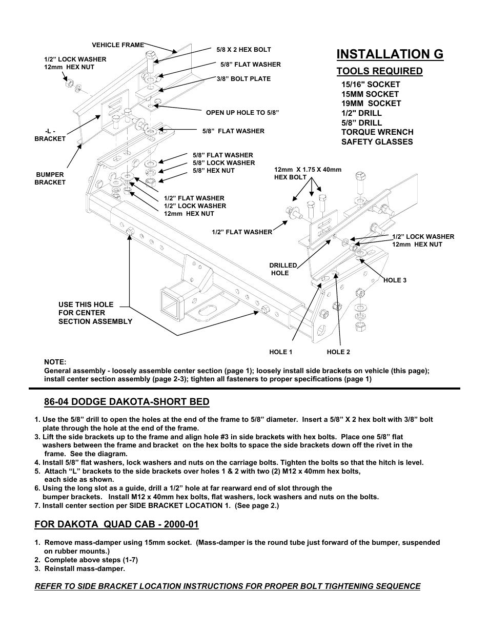 Installation g, 04 dodge dakota-short bed, Tools required | Reese 37152 MULTI-FIT RECEIVER User Manual | Page 9 / 66