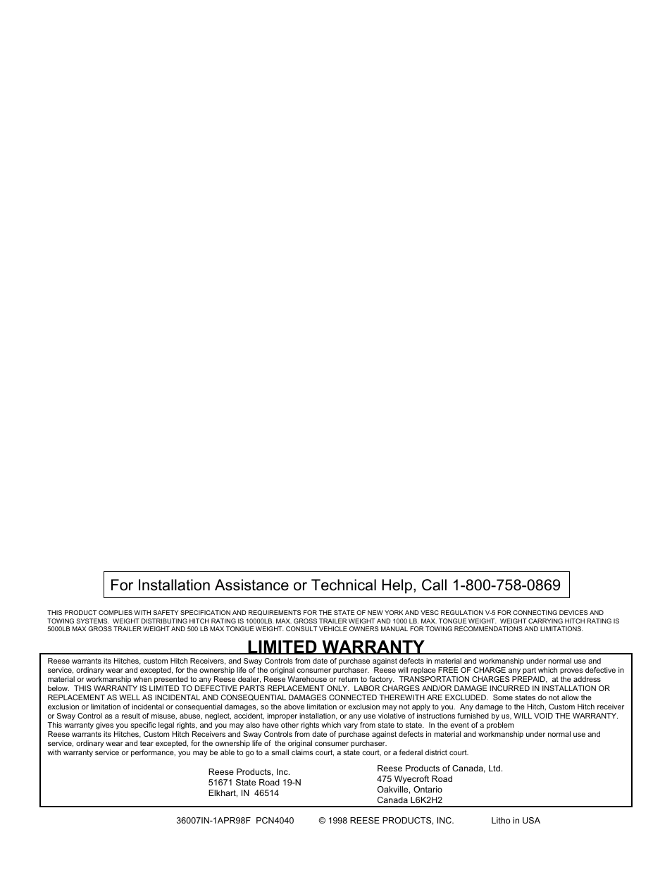 Limited warranty | Reese 36007 PREMIUM RECEIVER User Manual | Page 2 / 2