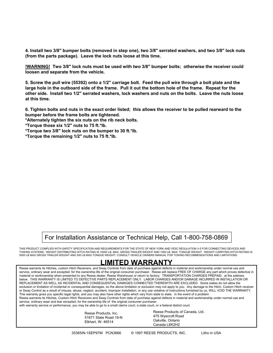 Limited warranty | Reese 35365 PREMIUM RECEIVER User Manual | Page 2 / 2