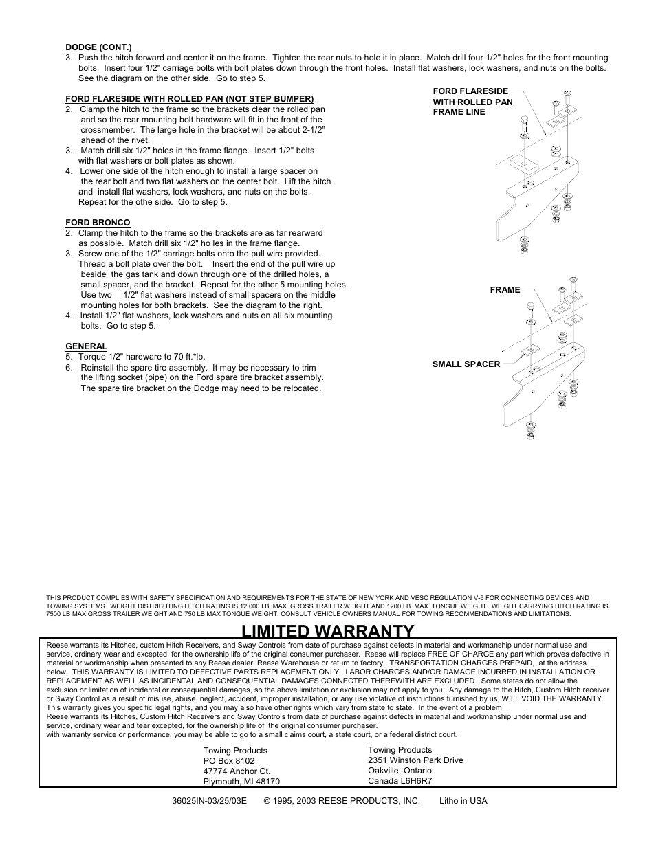 Limited warranty | Reese 36025 PREMIUM RECEIVER User Manual | Page 2 / 2