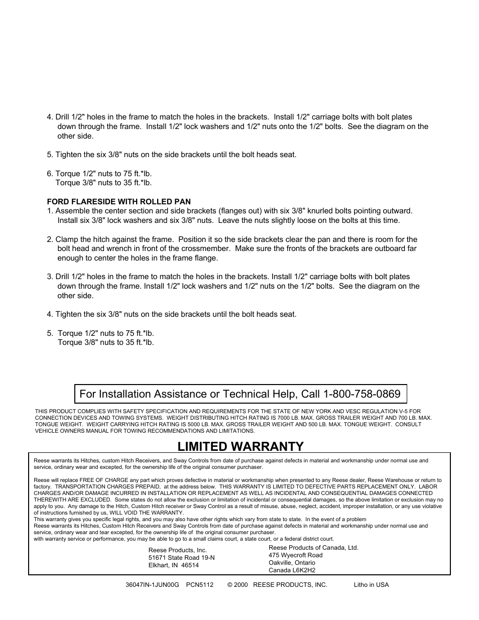 Limited warranty | Reese 36047 PREMIUM RECEIVER User Manual | Page 2 / 2