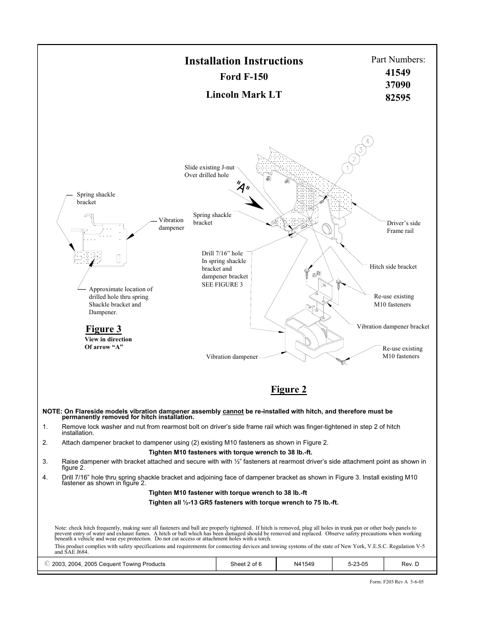 Installation instructions, Ford f-150 lincoln mark lt, Figure 2 figure 3 | Part numbers | Reese 37090 PREMIUM RECEIVER User Manual | Page 2 / 6