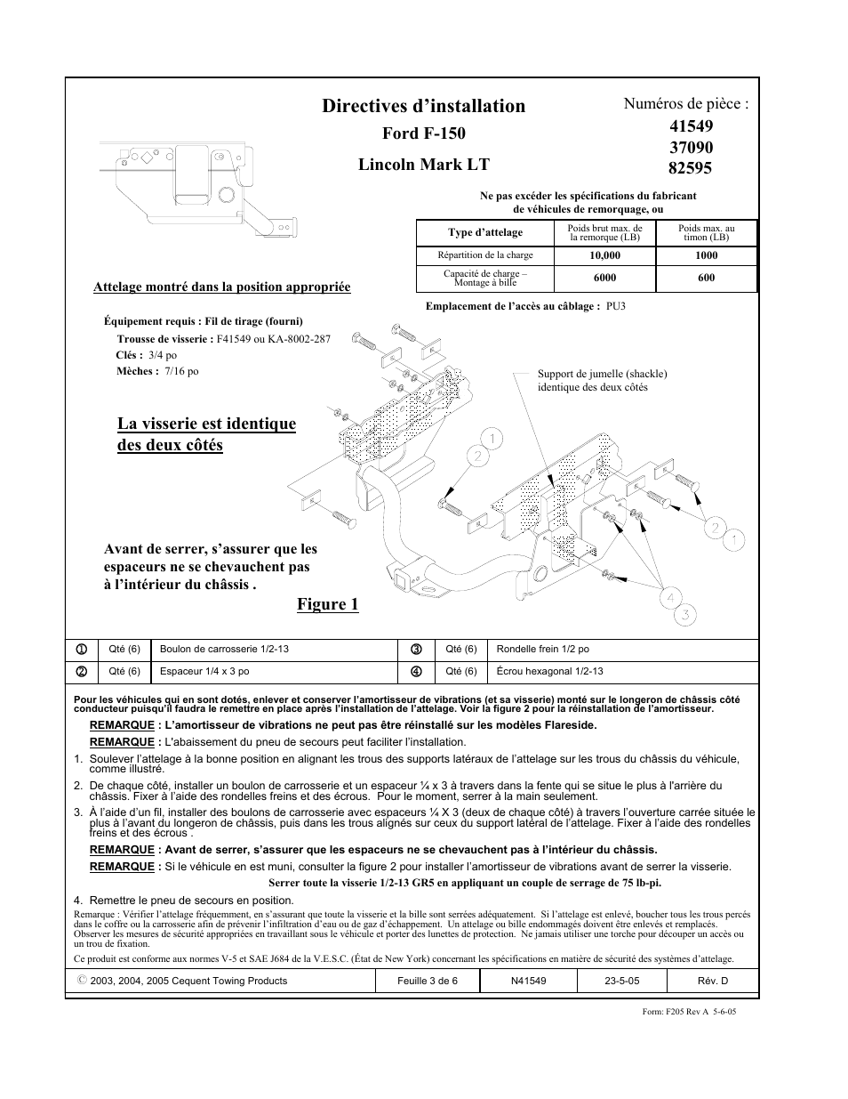 Directives d’installation, Ford f-150 lincoln mark lt, La visserie est identique des deux côtés figure 1 | Numéros de pièce | Reese 37090 PREMIUM RECEIVER User Manual | Page 3 / 6
