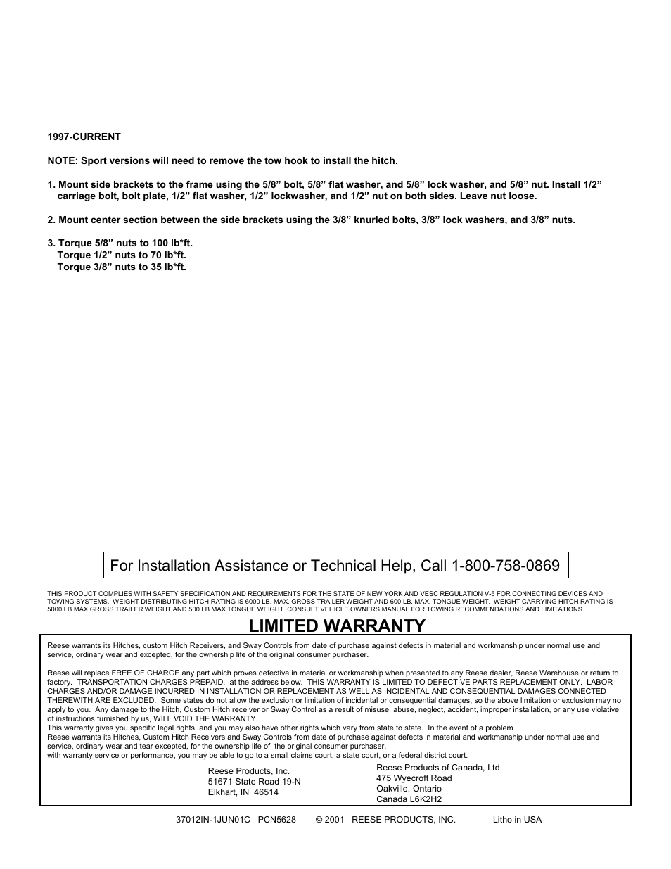 Limited warranty | Reese 37012 PREMIUM RECEIVER User Manual | Page 2 / 2