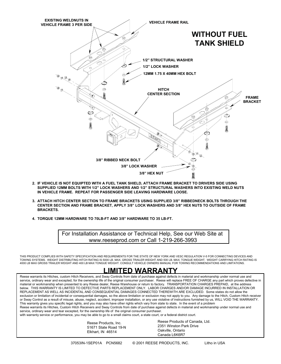 Without fuel tank shield, Limited warranty | Reese 37053 PREMIUM RECEIVER User Manual | Page 2 / 2