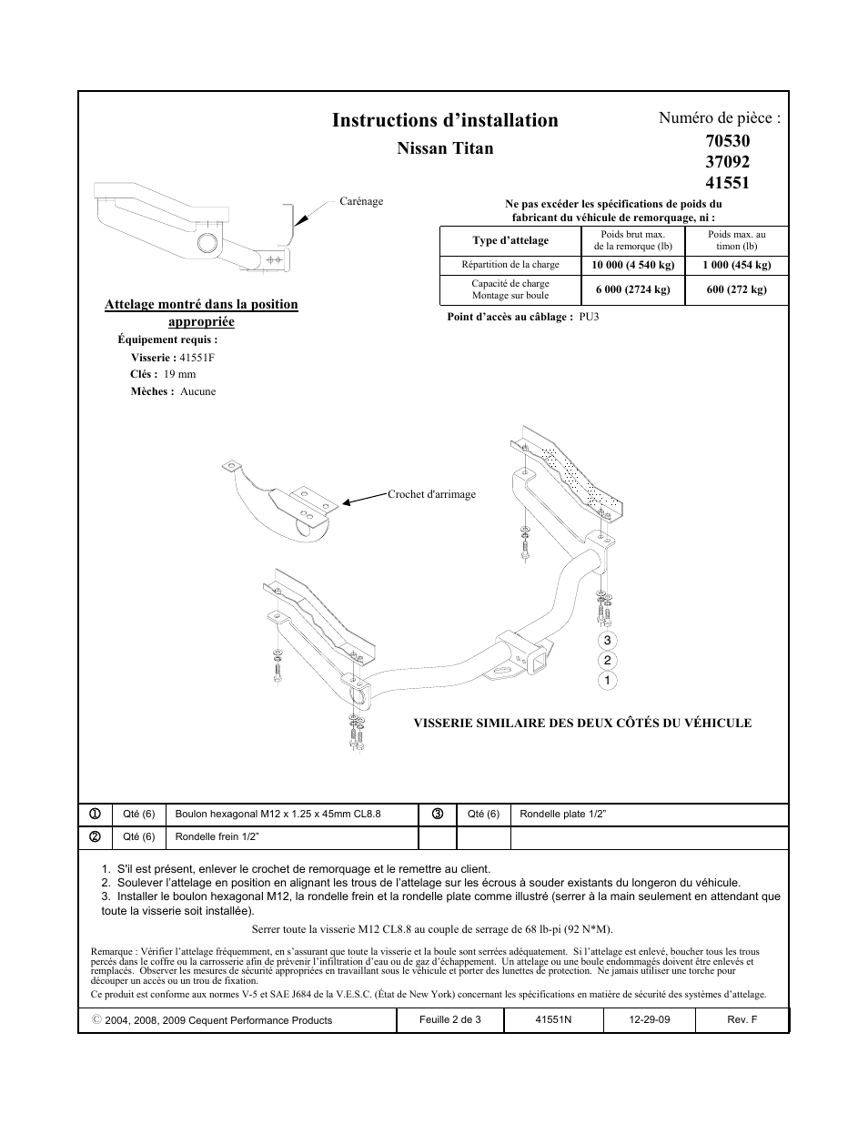 Instructions d’installation, Nissan titan, Numéro de pièce | Reese 37092 PREMIUM RECEIVER User Manual | Page 2 / 3