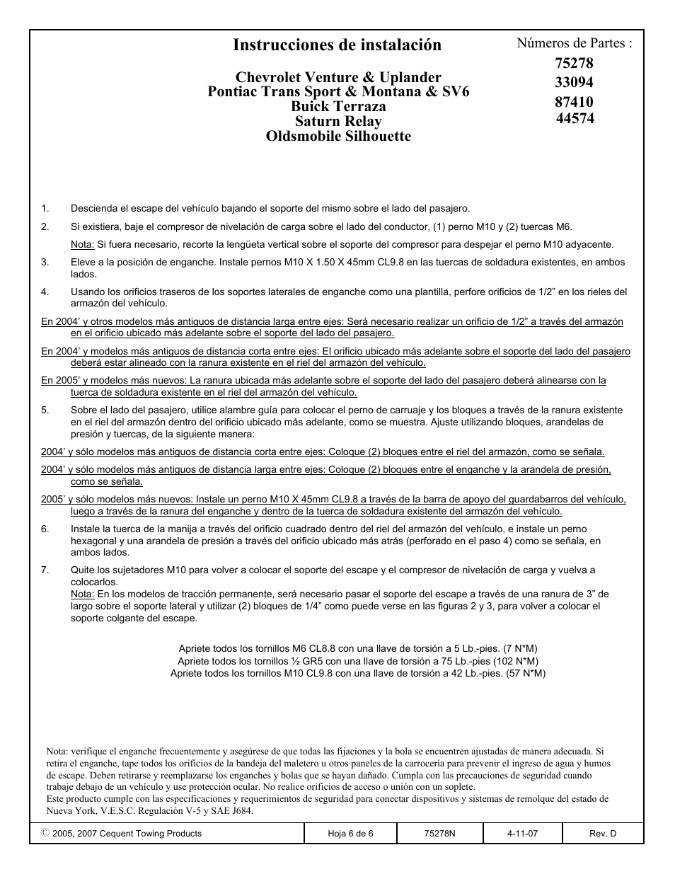 Instrucciones de instalación, Números de partes | Reese 33094 PROFESSIONAL RECEIVER User Manual | Page 6 / 6