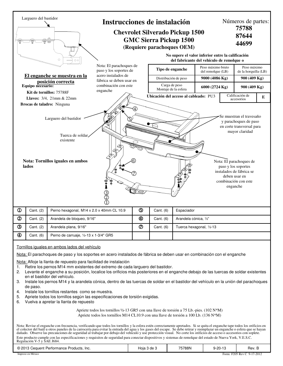 Instrucciones de instalación, Números de partes | Reese 44699 PROFESSIONAL RECEIVER User Manual | Page 3 / 3