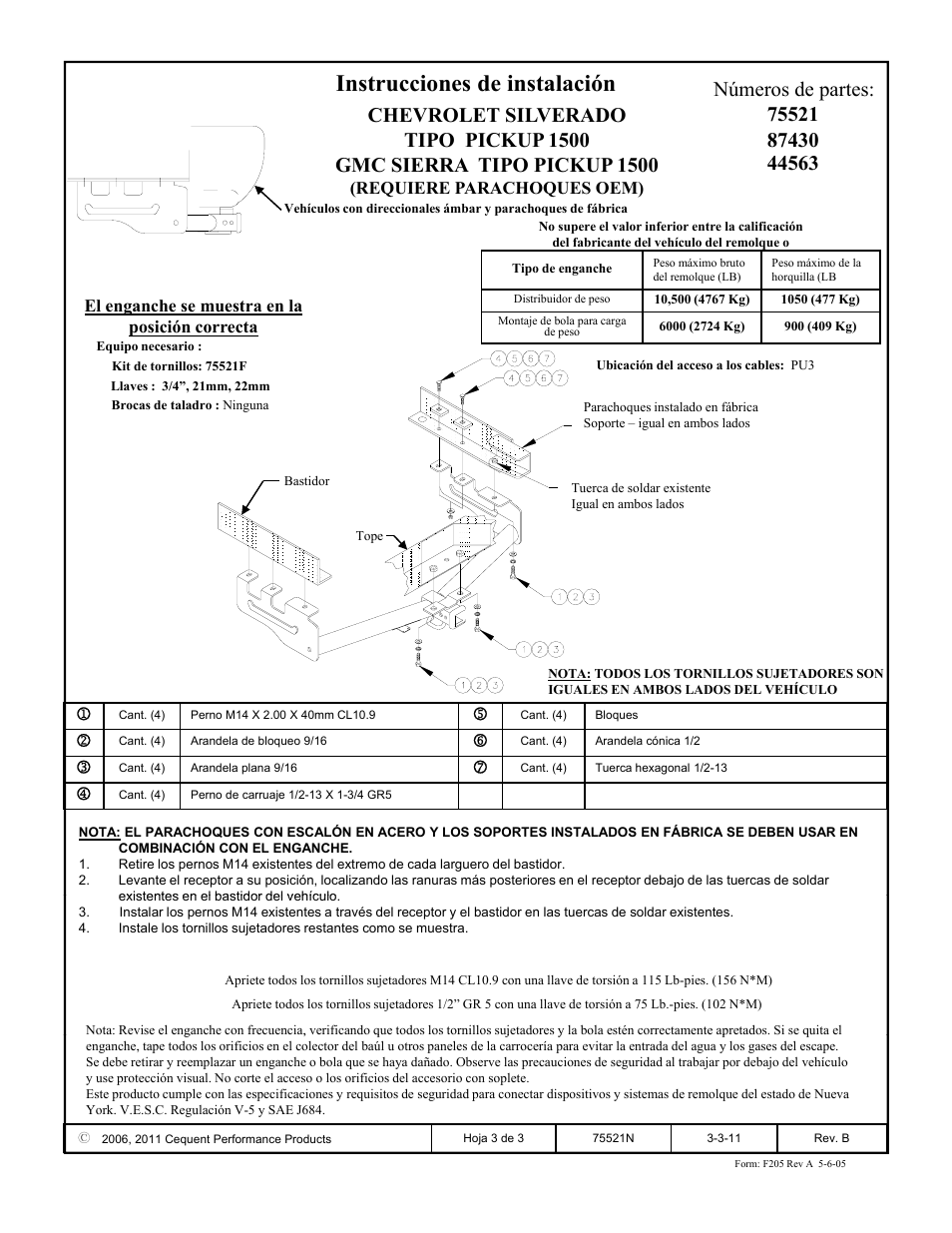 Instrucciones de instalación | Reese 44563 PROFESSIONAL RECEIVER User Manual | Page 3 / 3