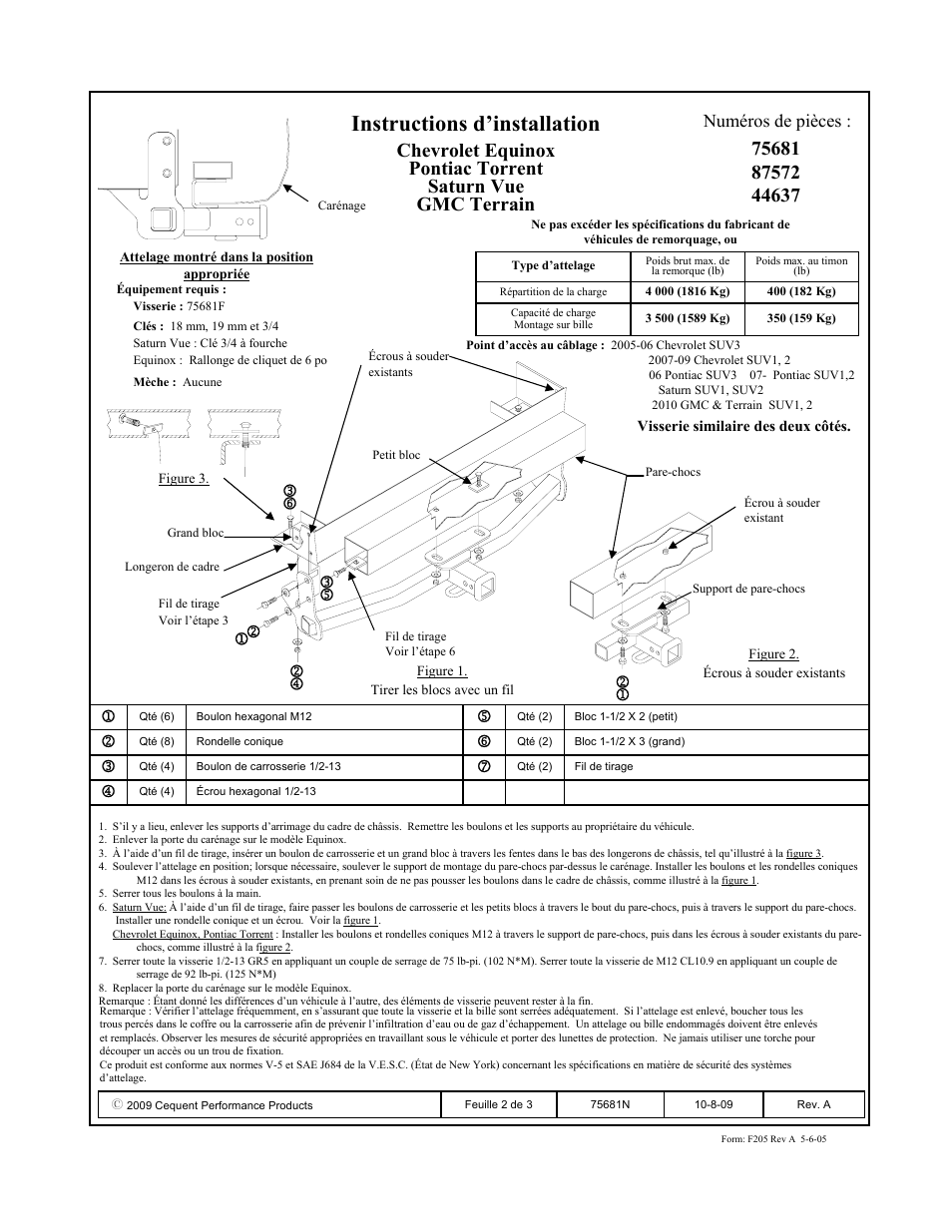 Instructions d’installation, Numéros de pièces | Reese 44637 PROFESSIONAL RECEIVER User Manual | Page 2 / 3