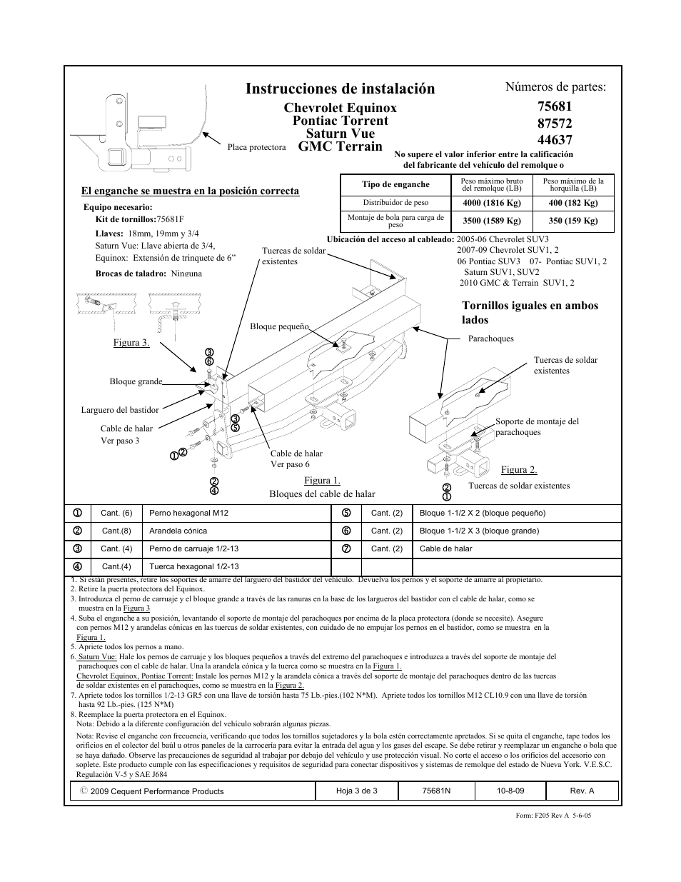 Instrucciones de instalación, Números de partes | Reese 44637 PROFESSIONAL RECEIVER User Manual | Page 3 / 3