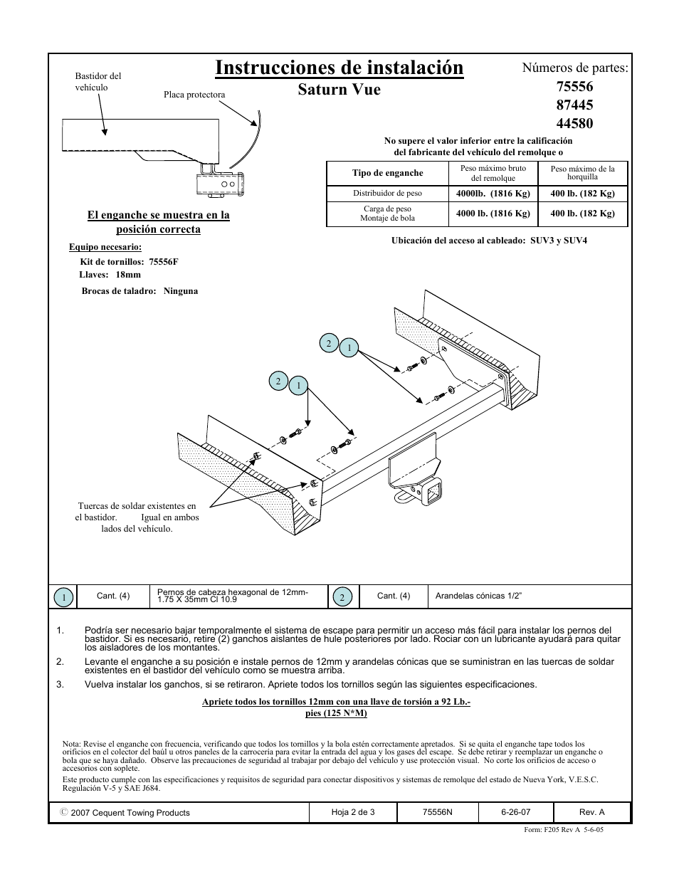 Instrucciones de instalación, Saturn vue, Números de partes | Reese 44580 PROFESSIONAL RECEIVER User Manual | Page 2 / 3