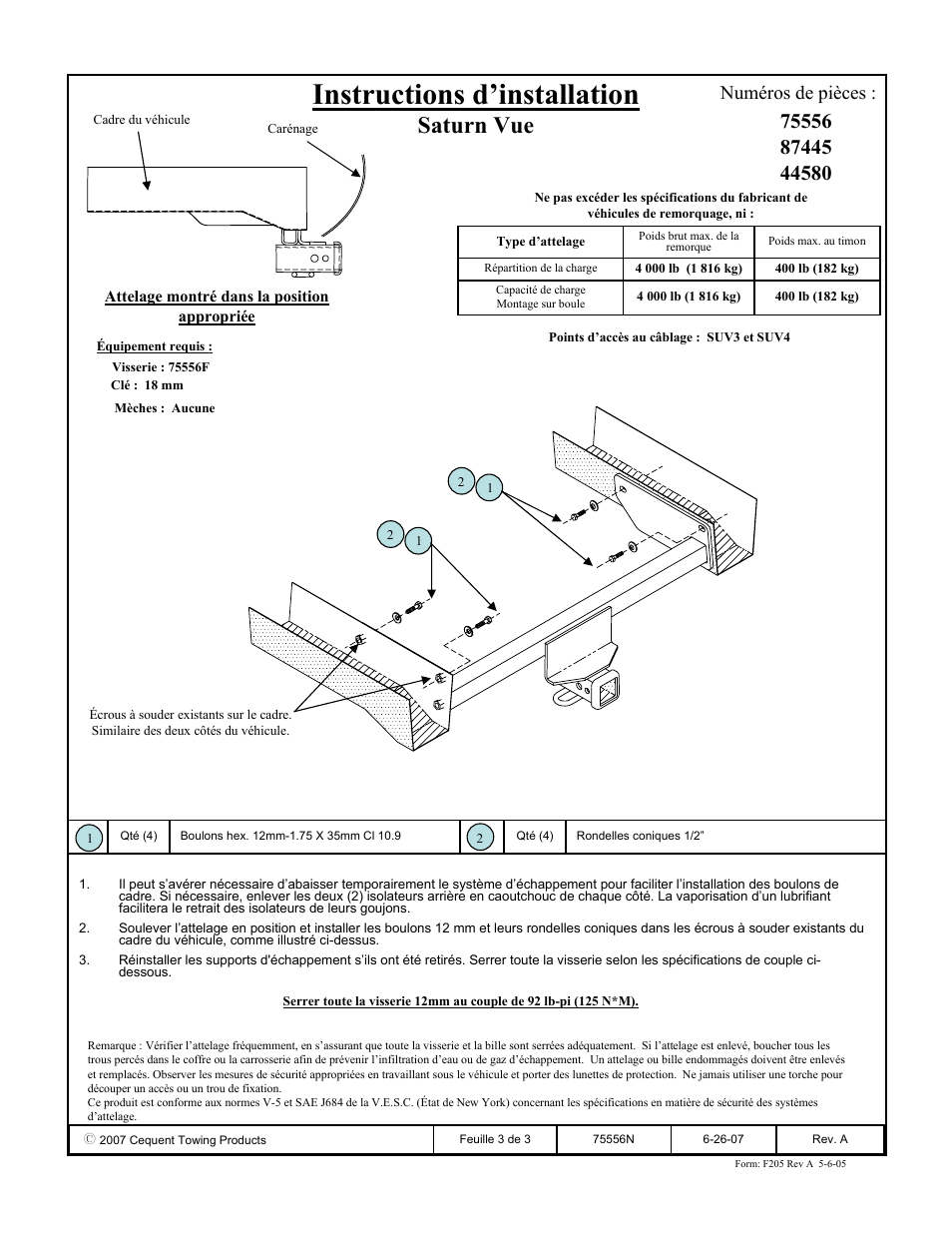 Instructions d’installation, Saturn vue, Numéros de pièces | Reese 44580 PROFESSIONAL RECEIVER User Manual | Page 3 / 3
