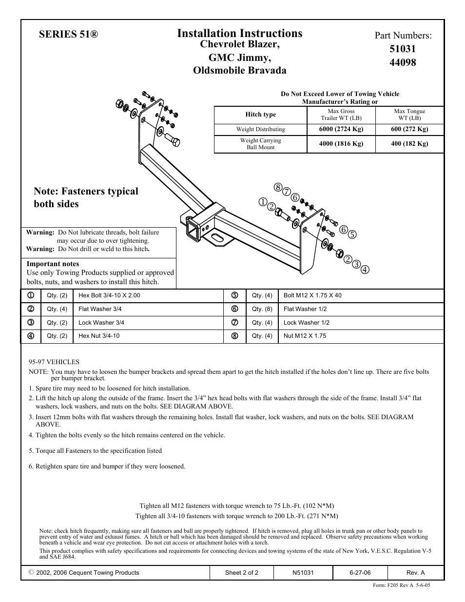 Installation instructions, Chevrolet blazer, gmc jimmy, oldsmobile bravada, Part numbers | Reese 44098 PROFESSIONAL RECEIVER User Manual | Page 2 / 2