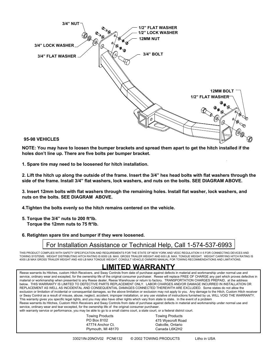 Limited warranty | Reese 33021 PROFESSIONAL RECEIVER User Manual | Page 2 / 2