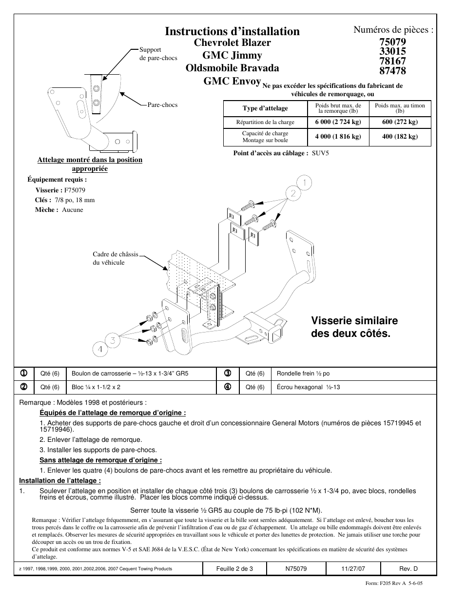 Instructions d’installation, Visserie similaire des deux côtés, Numéros de pièces | Reese 33015 PROFESSIONAL RECEIVER User Manual | Page 2 / 3
