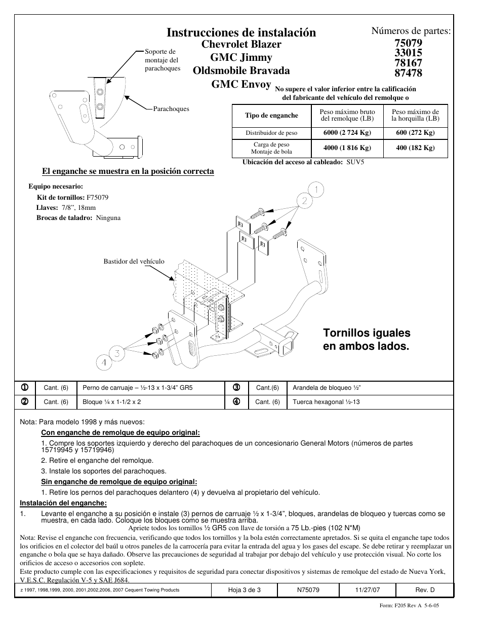 Instrucciones de instalación, Tornillos iguales en ambos lados, Números de partes | Reese 33015 PROFESSIONAL RECEIVER User Manual | Page 3 / 3