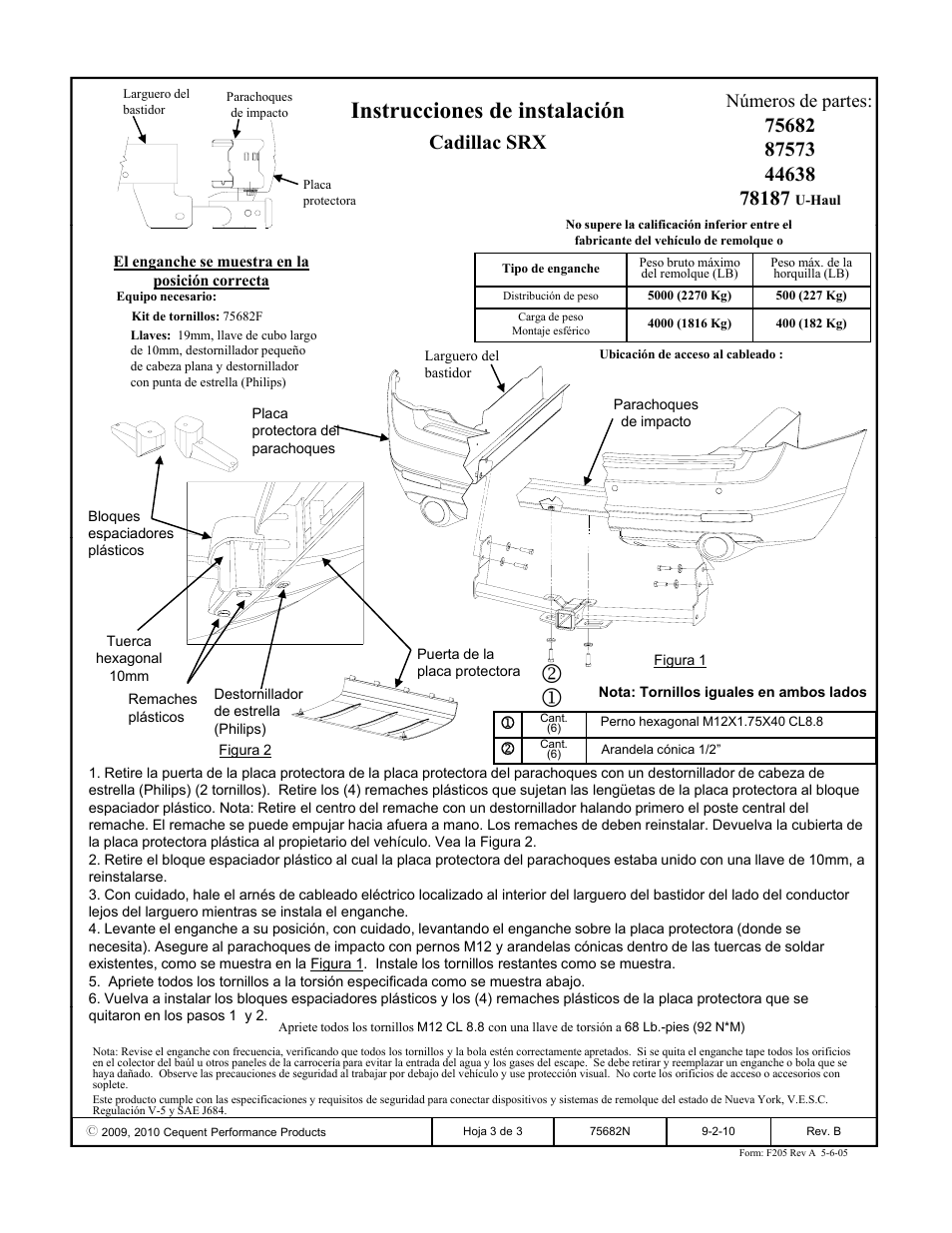 Instrucciones de instalación, Cadillac srx, Números de partes | Reese 44638 PROFESSIONAL RECEIVER User Manual | Page 3 / 3