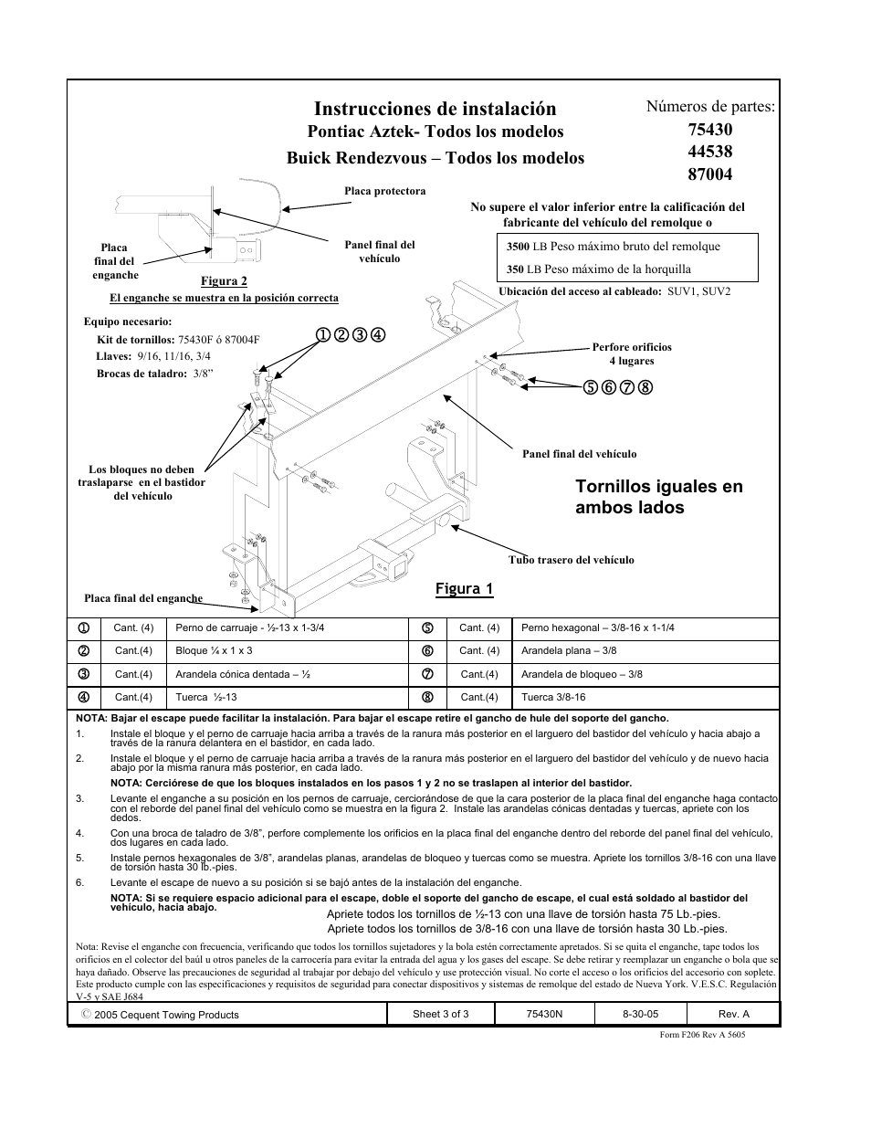 Instrucciones de instalación, Tornillos iguales en ambos lados, Números de partes | Reese 44538 PROFESSIONAL RECEIVER User Manual | Page 3 / 3