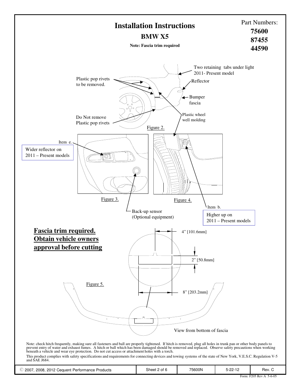 Installation instructions, Bmw x5, Part numbers | Reese 44590 PROFESSIONAL RECEIVER User Manual | Page 2 / 6