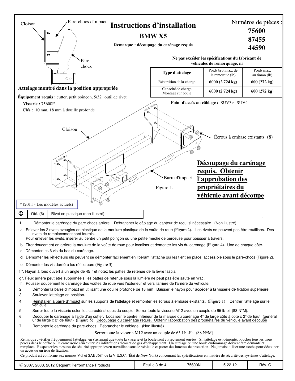 Instructions d’installation, Bmw x5, Propriétaires du véhicule avant découpe | Numéros de pièces | Reese 44590 PROFESSIONAL RECEIVER User Manual | Page 3 / 6