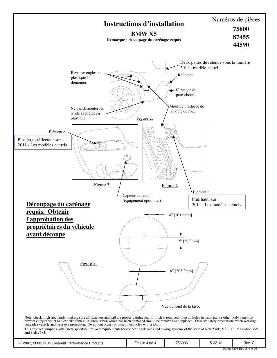 Instructions d’installation, Bmw x5, Numéros de pièces | Reese 44590 PROFESSIONAL RECEIVER User Manual | Page 4 / 6