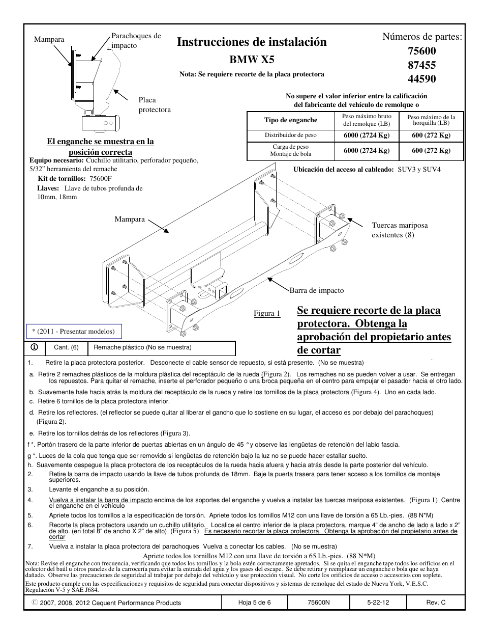 Instrucciones de instalación, Bmw x5, Se requiere recorte de la placa | Números de partes | Reese 44590 PROFESSIONAL RECEIVER User Manual | Page 5 / 6
