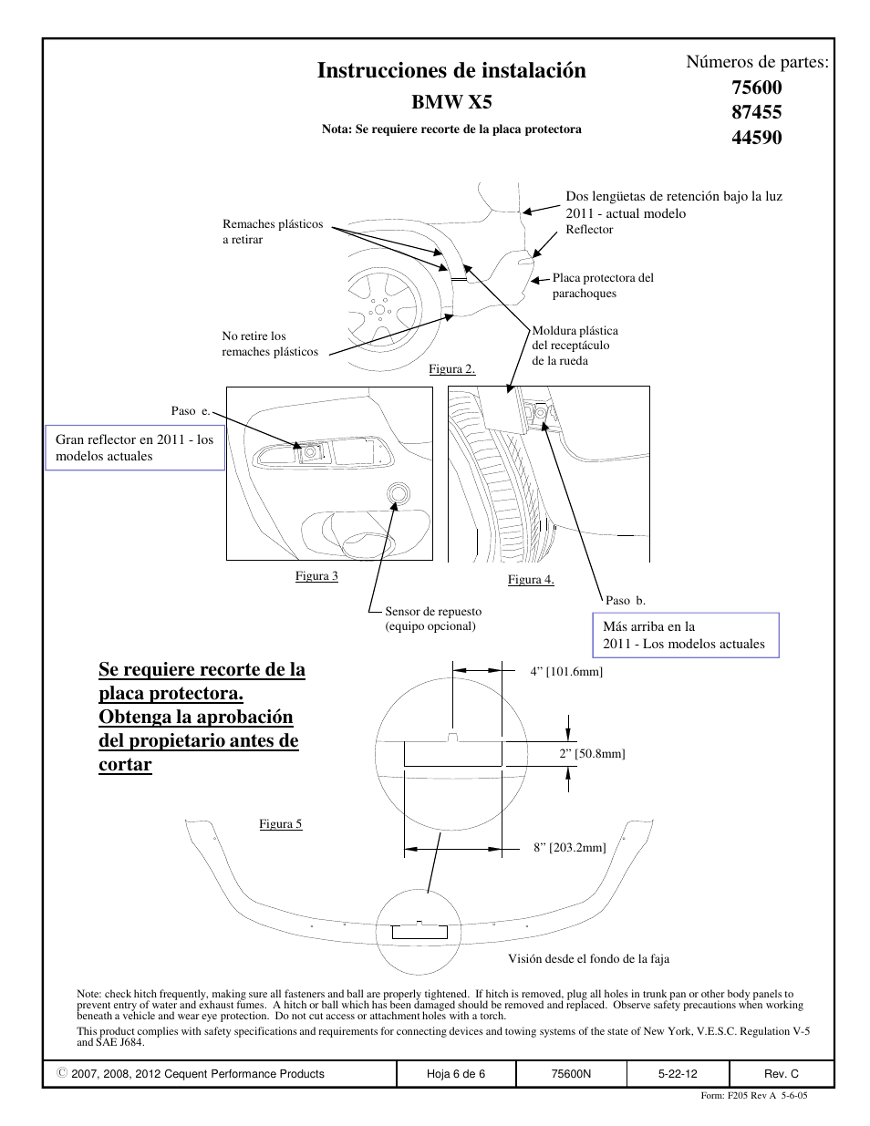 Instrucciones de instalación, Bmw x5, Números de partes | Reese 44590 PROFESSIONAL RECEIVER User Manual | Page 6 / 6