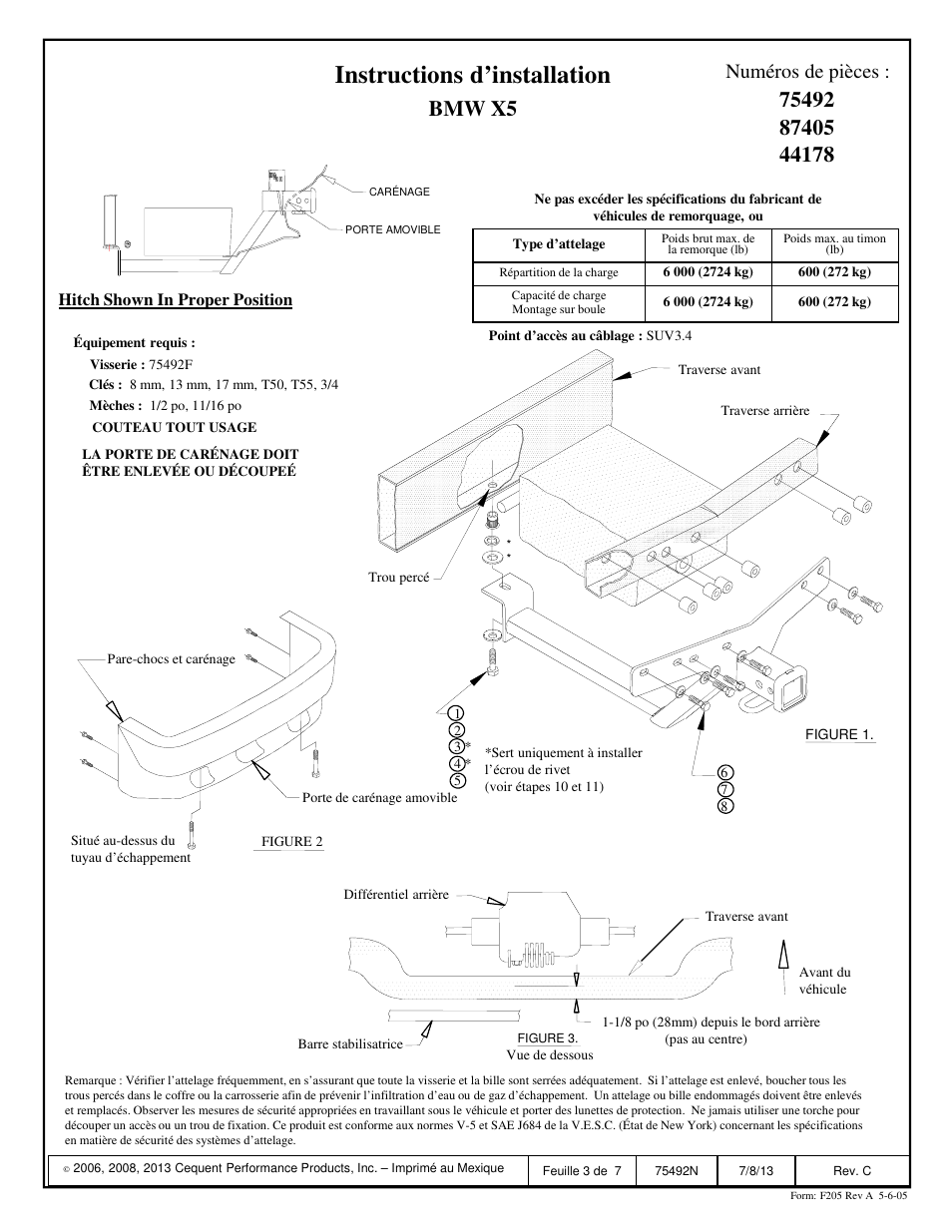 Instructions d’installation, Bmw x5, Numéros de pièces | Reese 44178 PROFESSIONAL RECEIVER User Manual | Page 3 / 7