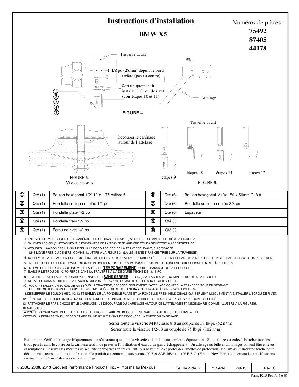 Instructions d’installation, Bmw x5, Numéros de pièces | Reese 44178 PROFESSIONAL RECEIVER User Manual | Page 4 / 7