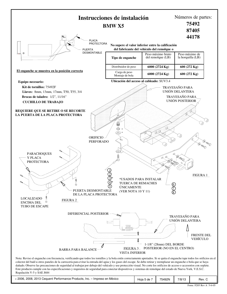 Instrucciones de instalación, Bmw x5, Números de partes | Reese 44178 PROFESSIONAL RECEIVER User Manual | Page 5 / 7